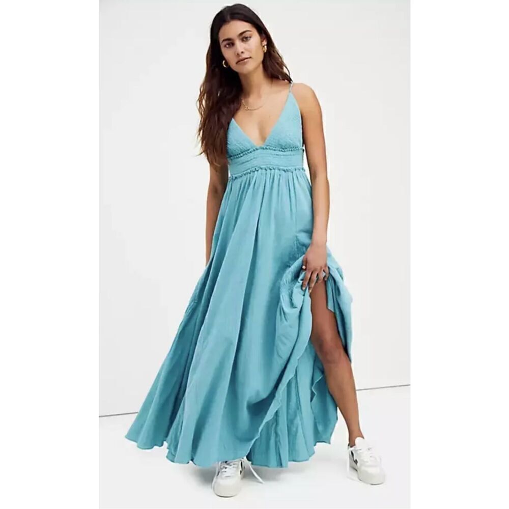 NEW Free People Blue Heat‎ Haze Maxi Dress Size L Endless Summer Linen blend